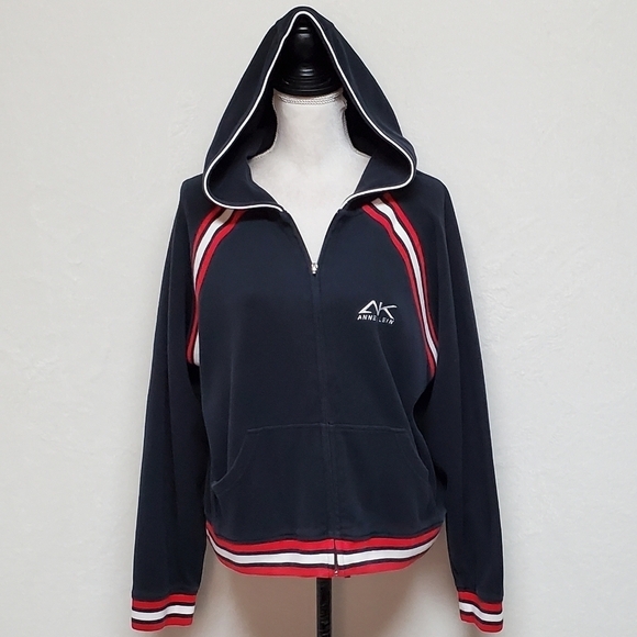 VINTAGE 90s Anne Klein Red White Blue Striped Knit Boxy Cut Full-zip Hoodie XL - Picture 4 of 15